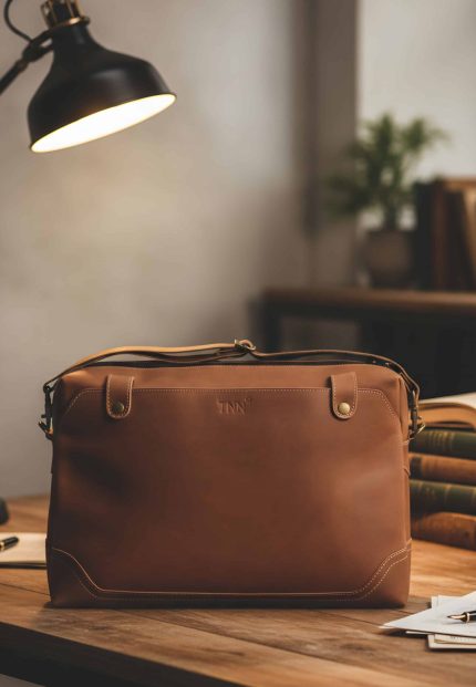Brown vintage buff leather laptop messenger bag by TNN featuring dedicated 17 inch computer sleeve and durable YKK zipper closures