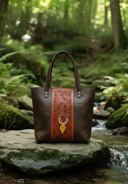 TNN vintage buff leather tote bag featuring hand tooled artisan design with separate laptop compartment and partitioned interior organizer space