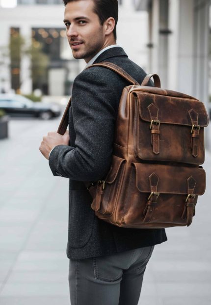 Unisex leather office backpack designed with durable YKK zippers, a dedicated 17-inch laptop sleeve, and large 8kg capacity.
