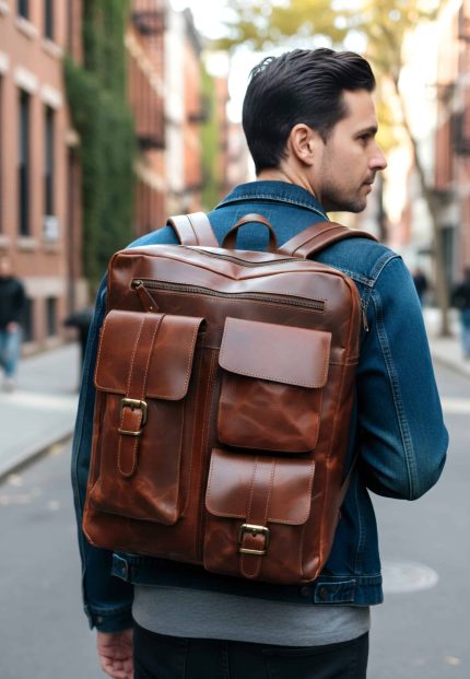 TNN Leather 17 inch laptop backpack in vintage buff leather, dual compartment design with 8kg capacity, durable YKK zippers, professional travel backpack with dedicated laptop sleeve